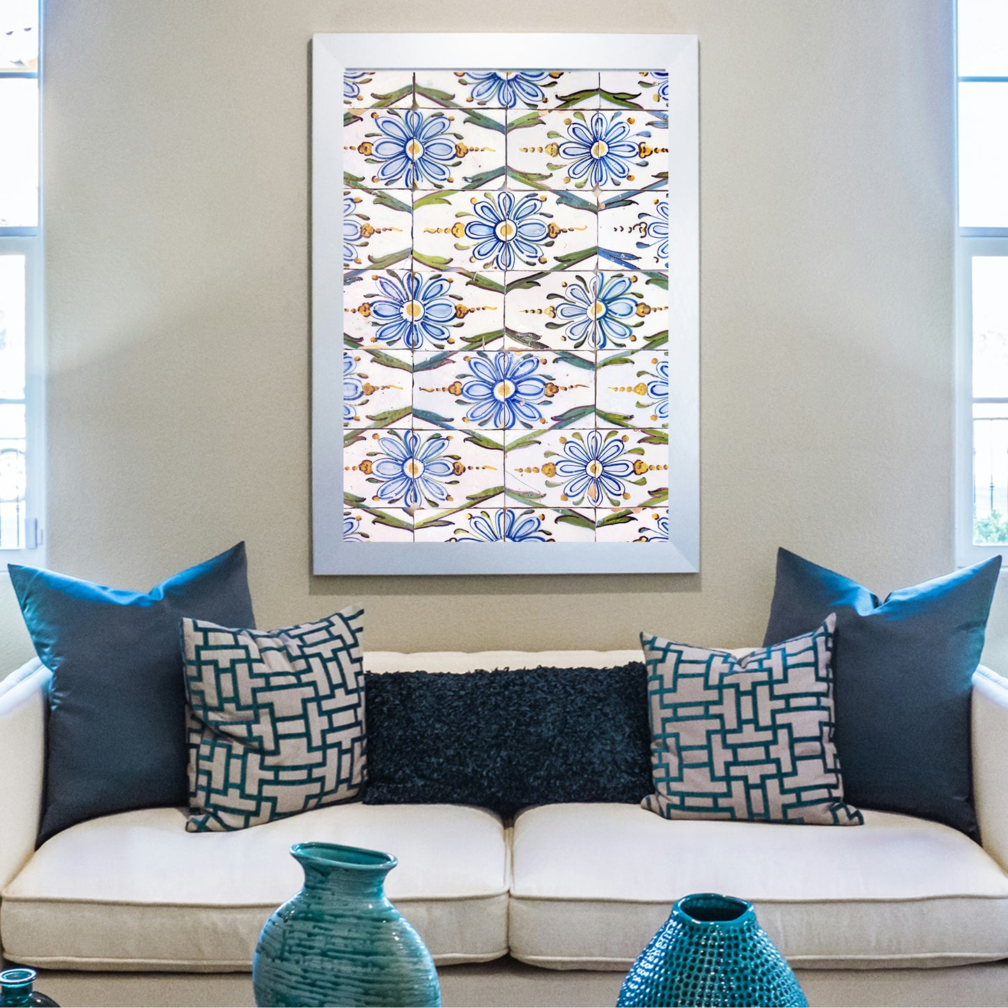 Blue Flower Geometric Ornament Poster | Portugal Azulejos Tiles Photo
