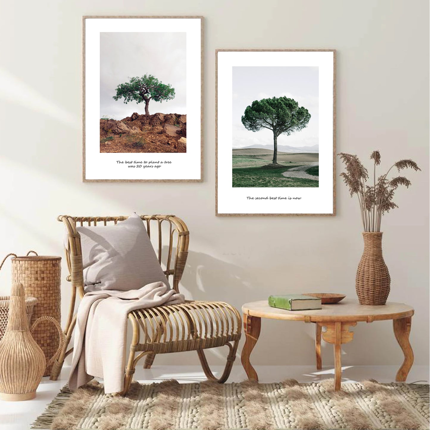 Tree 2 piece wall art in wood color frames.