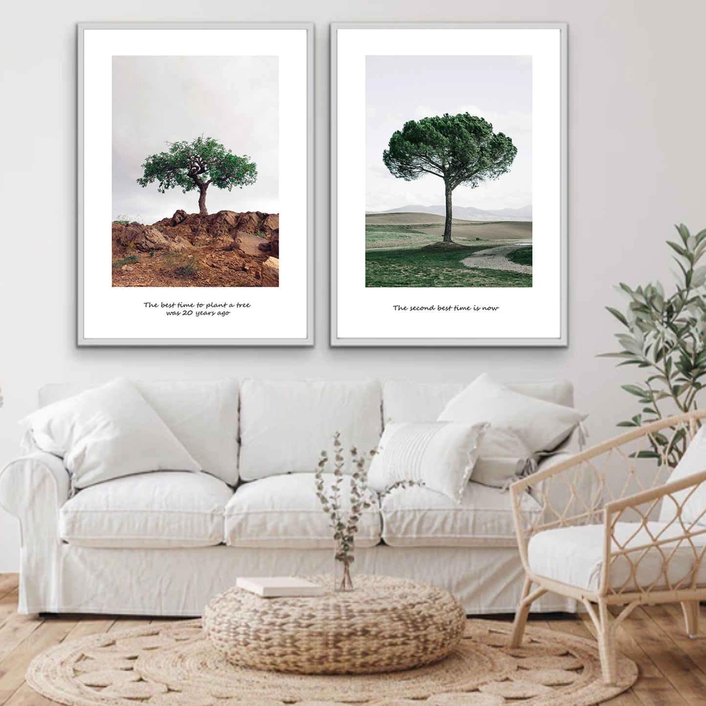 Two piece wall art with trees in a light-colored interior.