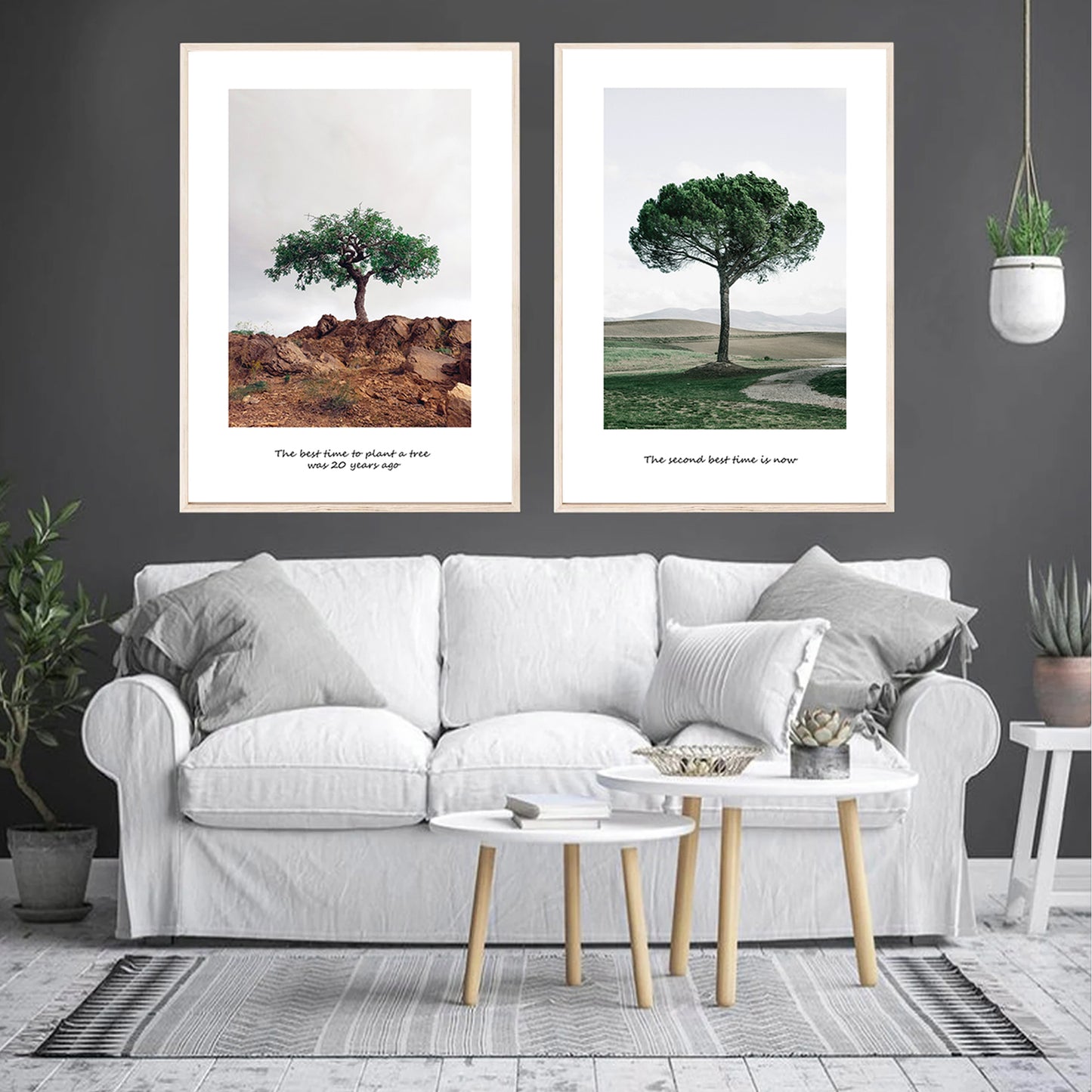 Two posters with tree n wood color frames.