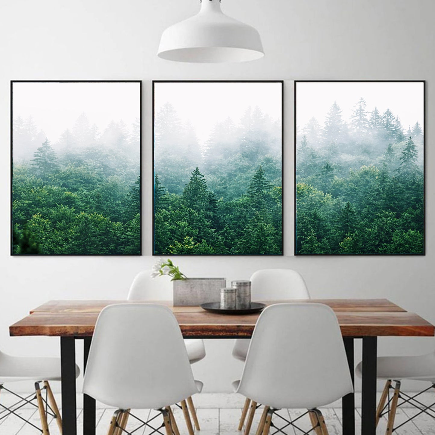 Morning forest panorama triptych in black color frames.