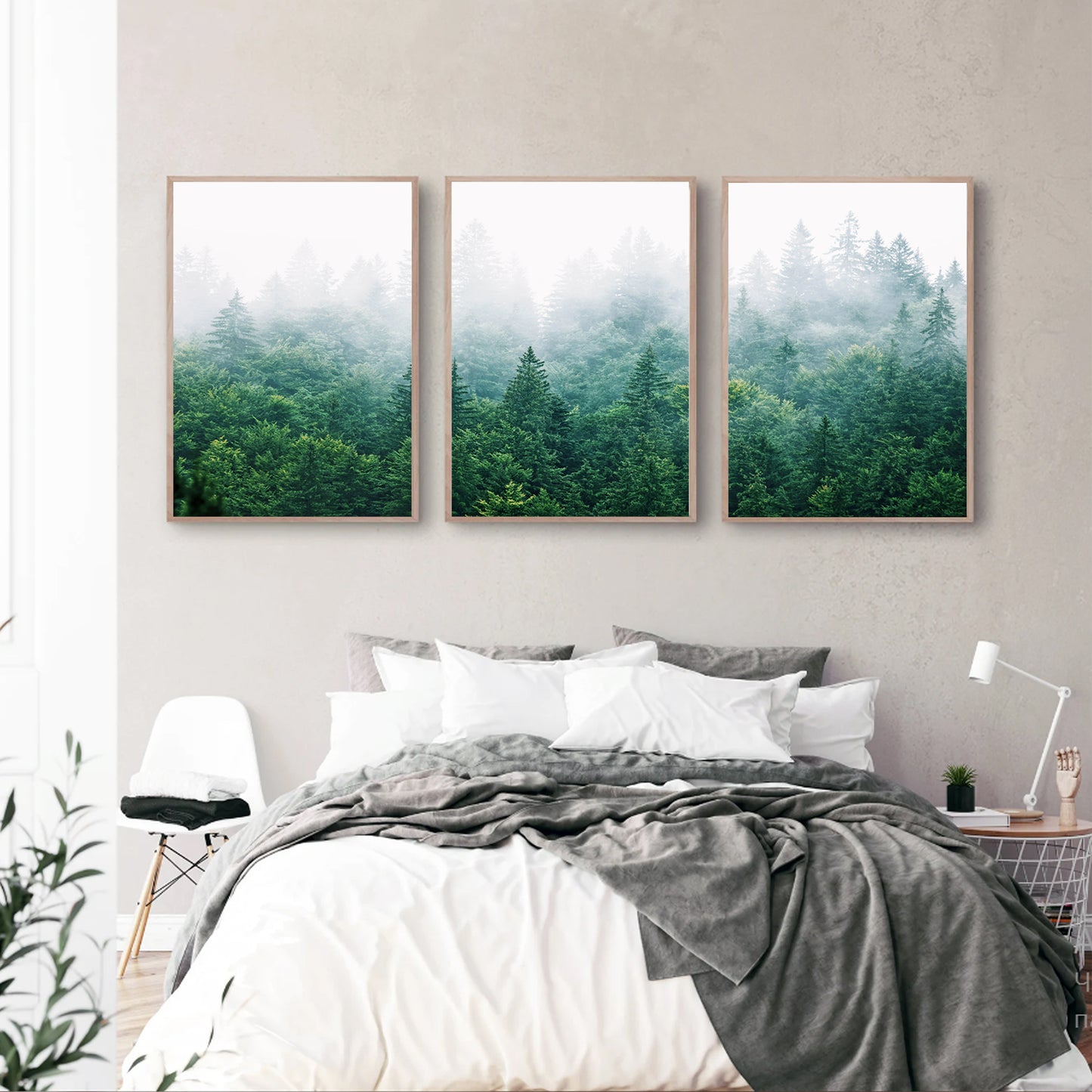 Morning forest triptych set in bedroom.