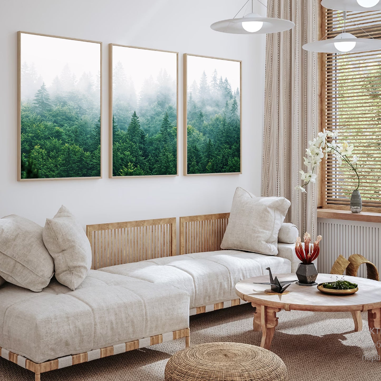 Misty forest print set in a light-colored interior.
