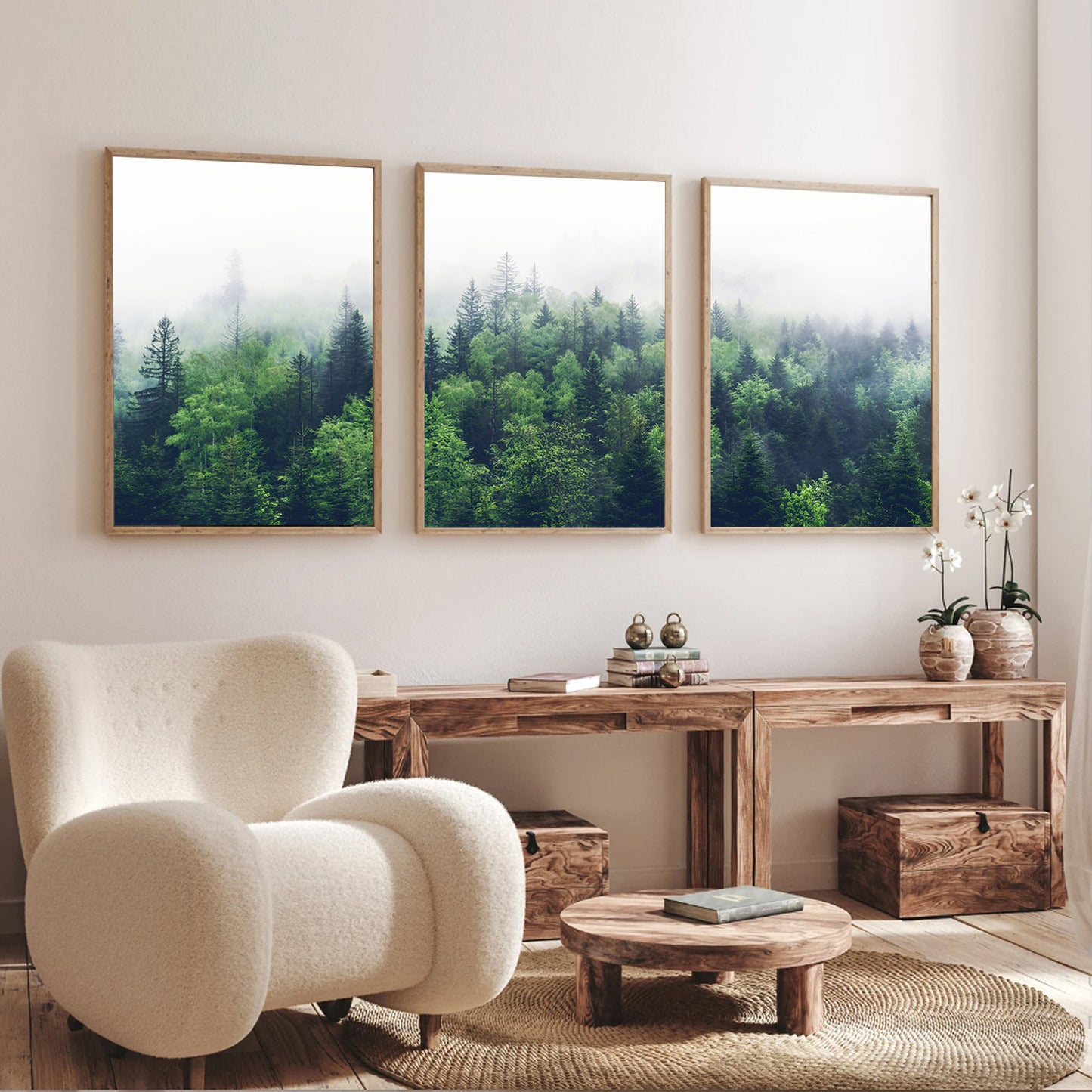 3 piece wall art with green forest in wood color frames.
