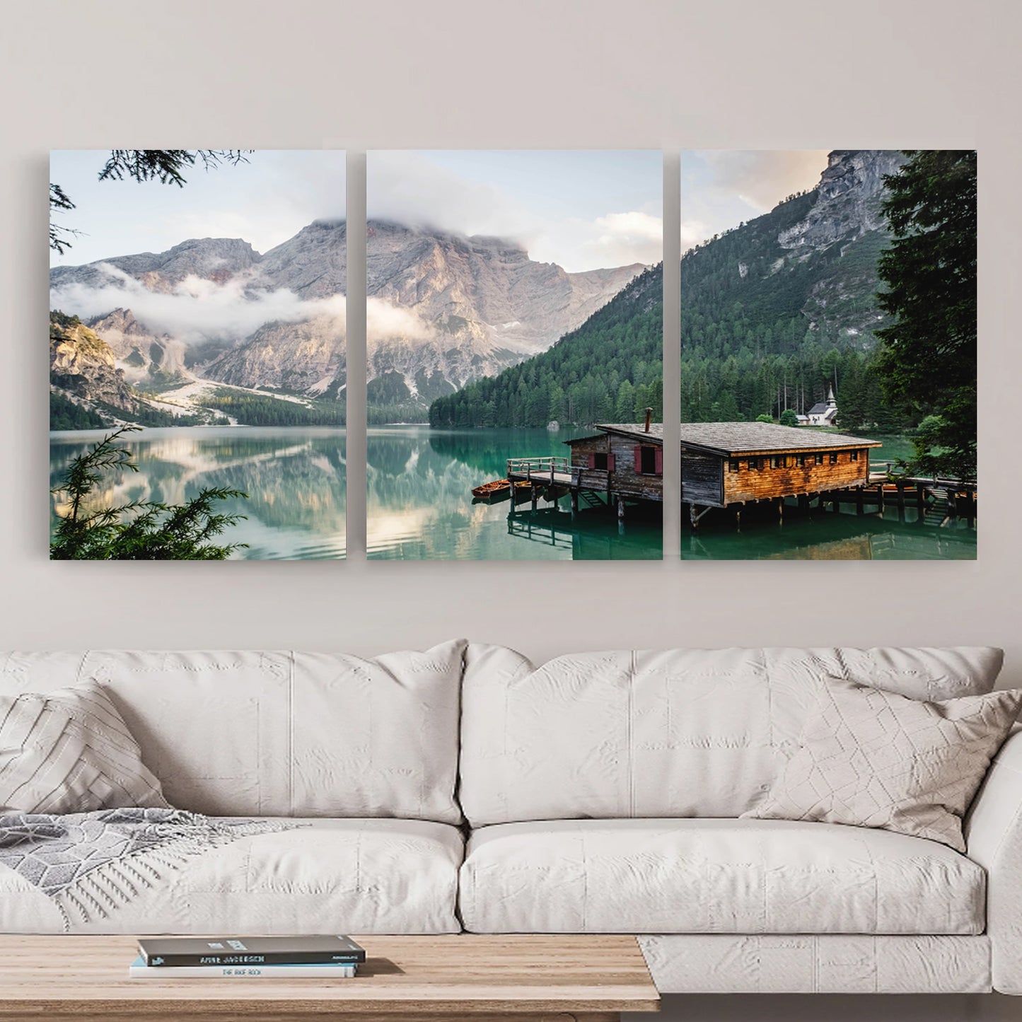Mountain Lake with Chalet Triptych |Nature Landscape 3 Piece Wall Art