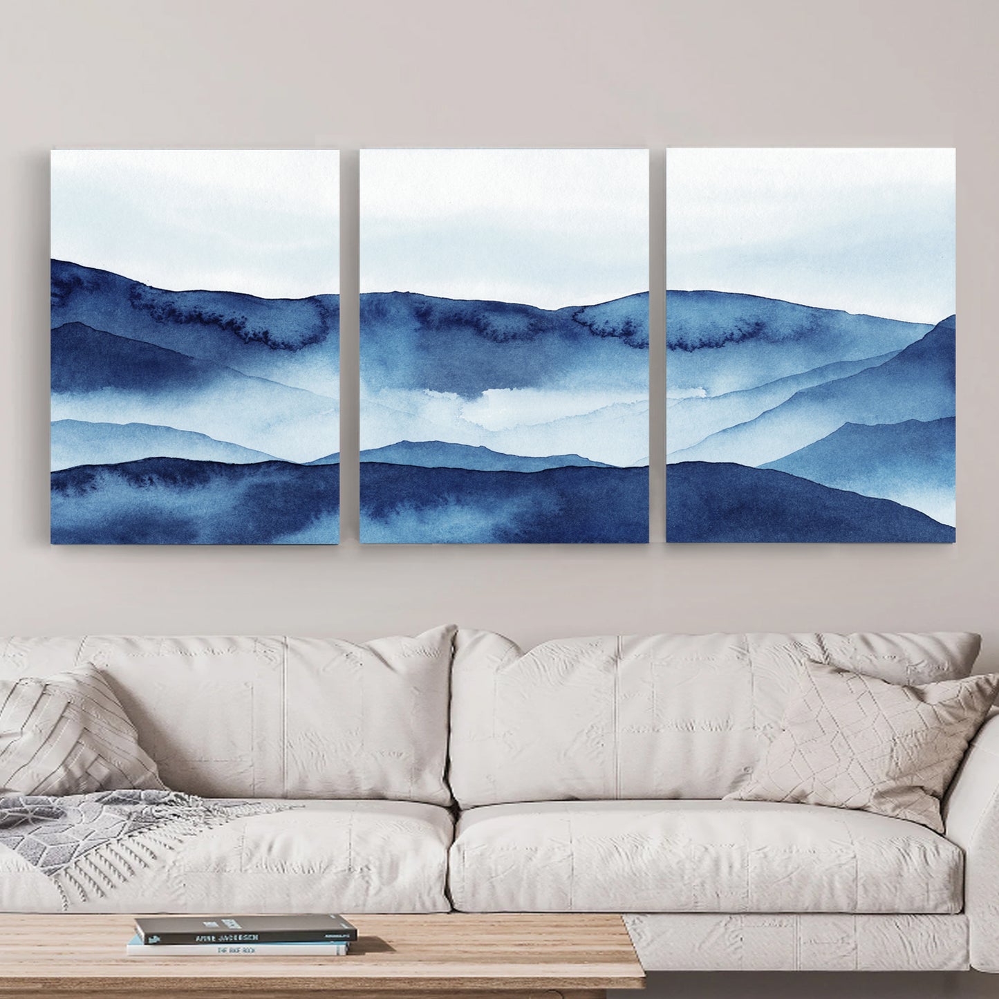 Navy blue mountain canvas wall art set.