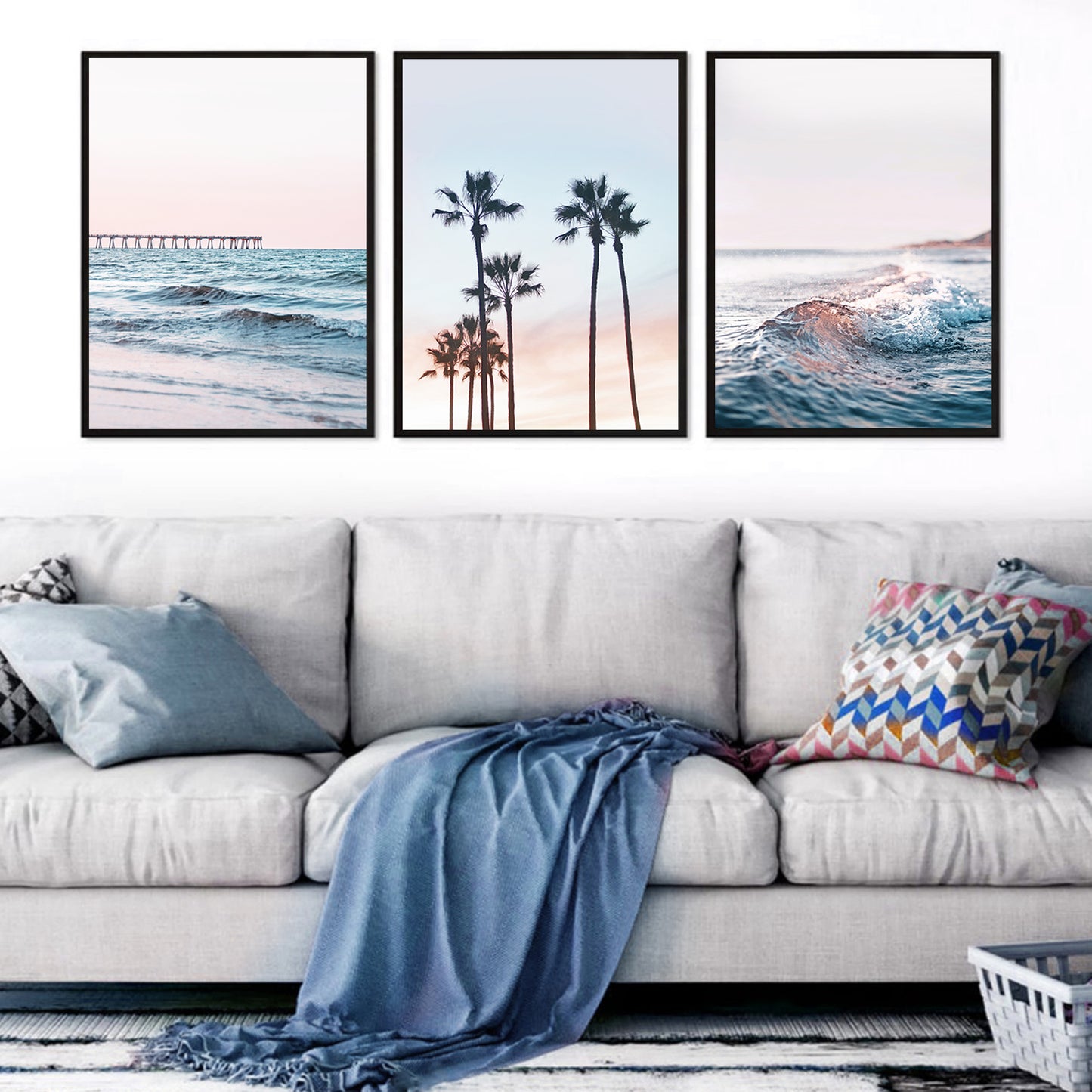 Set of 3 Photo - Beach, Pier and Palm Trees | Ocean Sunrise Wall Decor