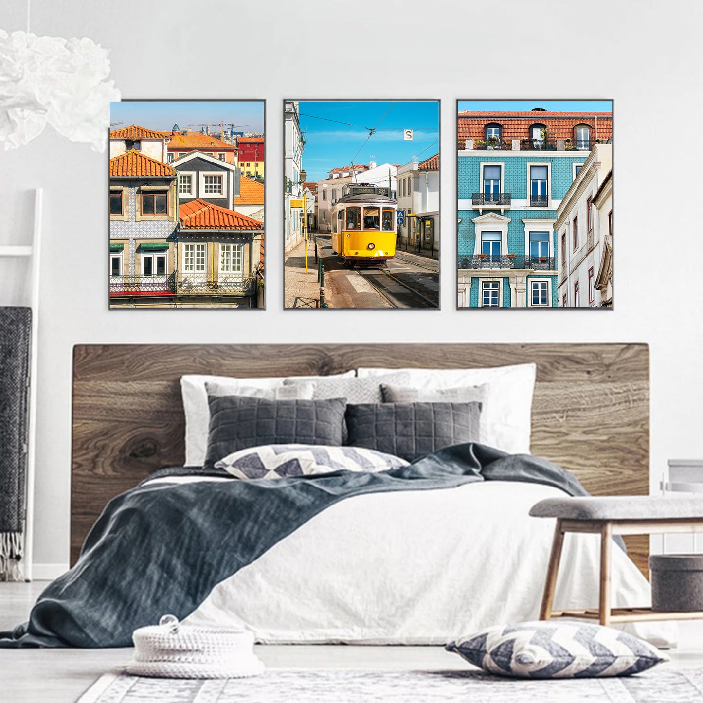 Adventure travel prints in bedroom.
