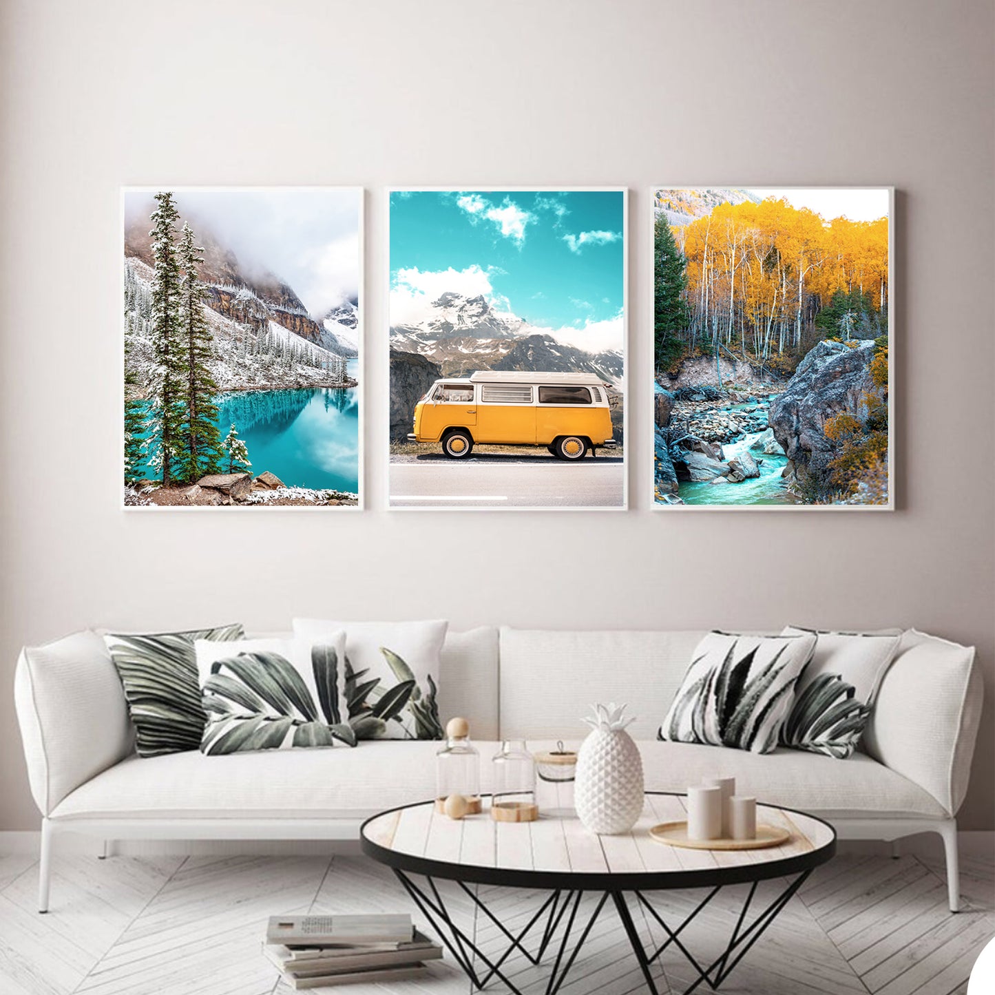Colorful autumn wall art in white color frames.