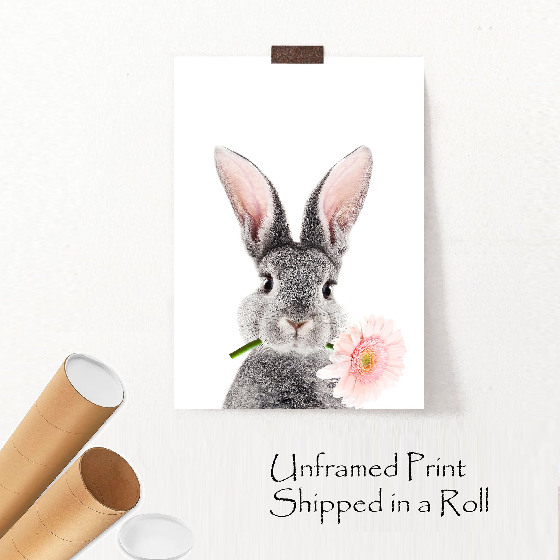 Cute bunny with pink flower unframed print.