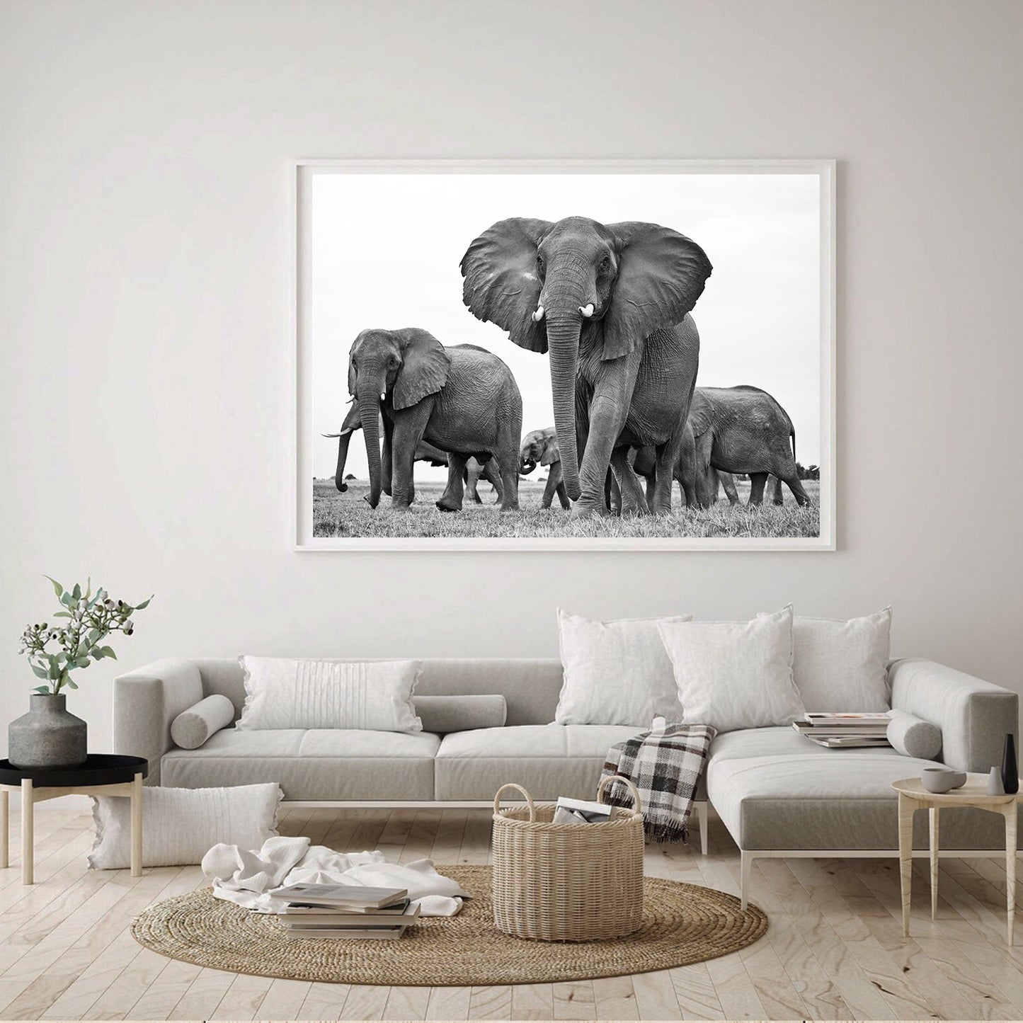 Elephants photograph in living room.