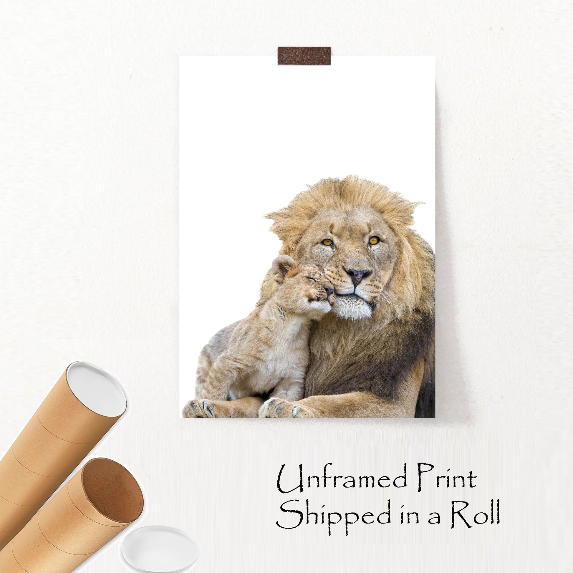 Unframed print with lion and cub.