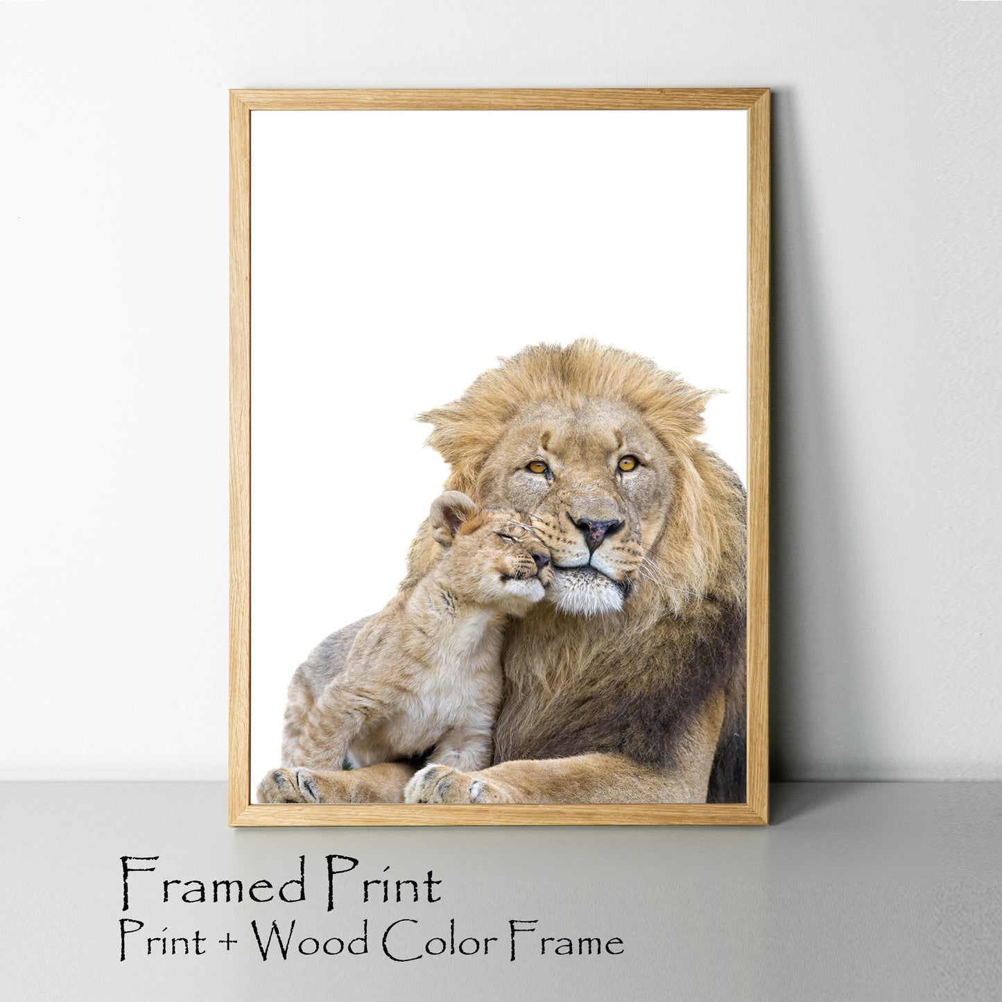 Lion and cub print in wood color frame.