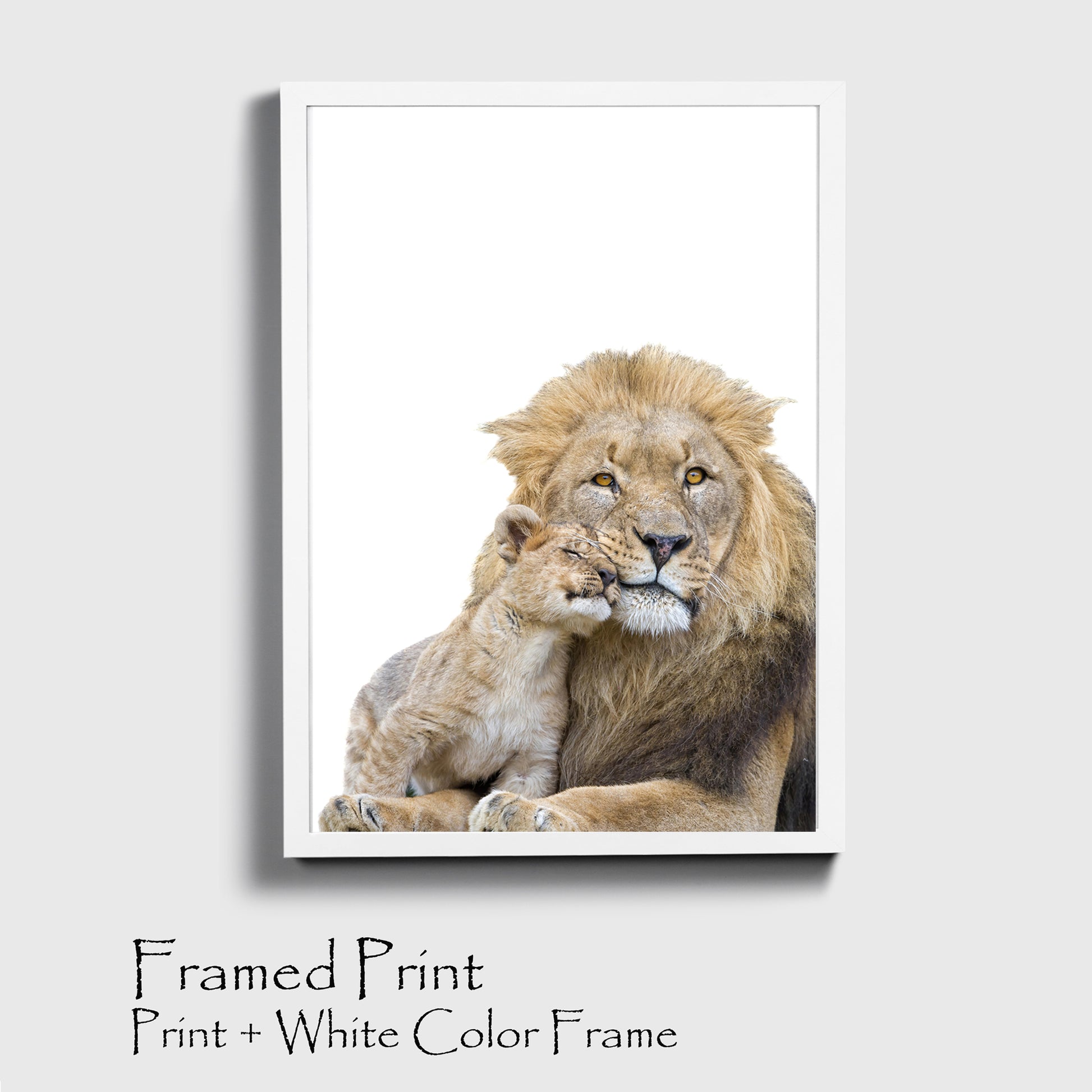 Lion and cub print in white color frame.