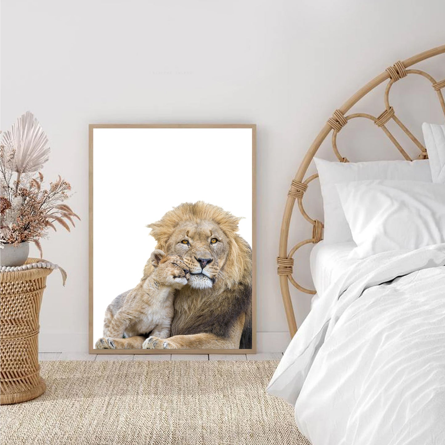 Lion with lion cub print in bedroom.