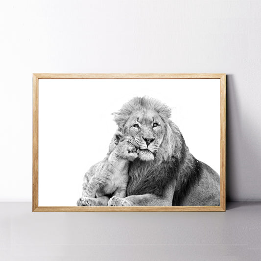 lion with lion cub photo in black & white.