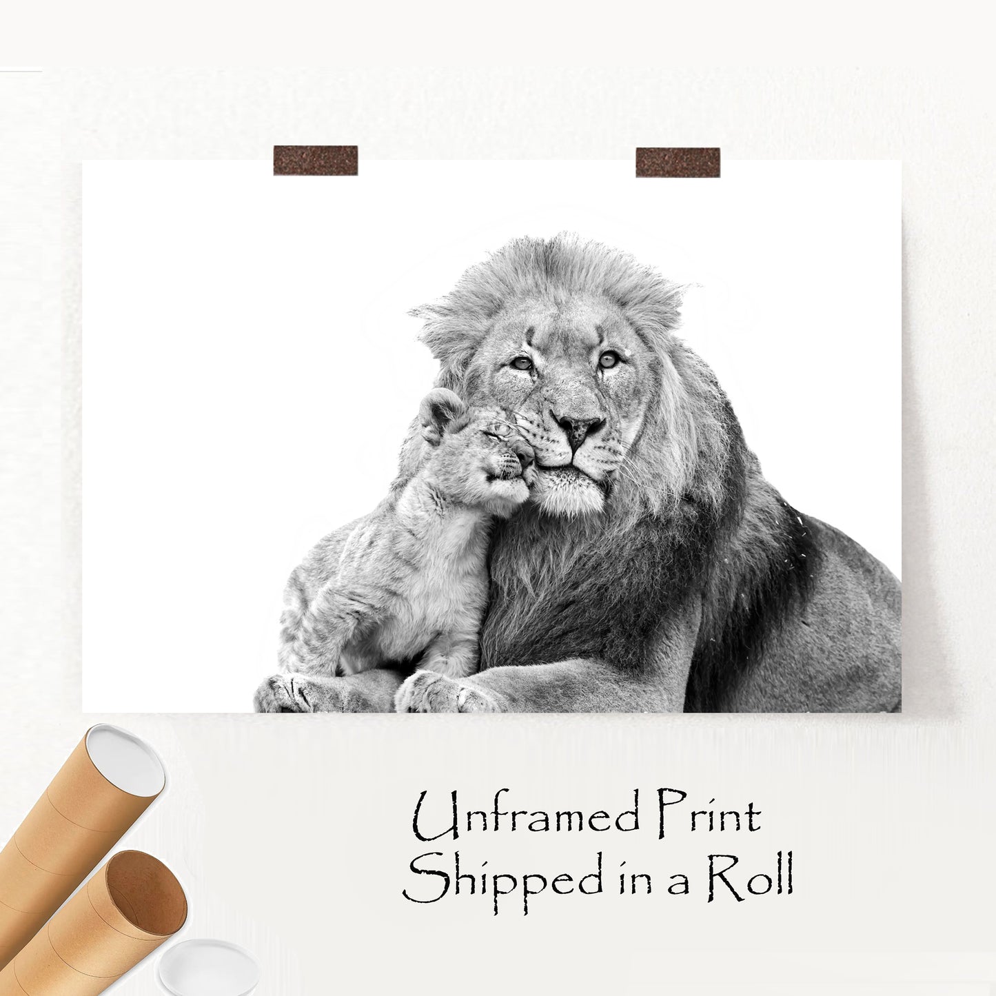 Unframed print with lion and cub.