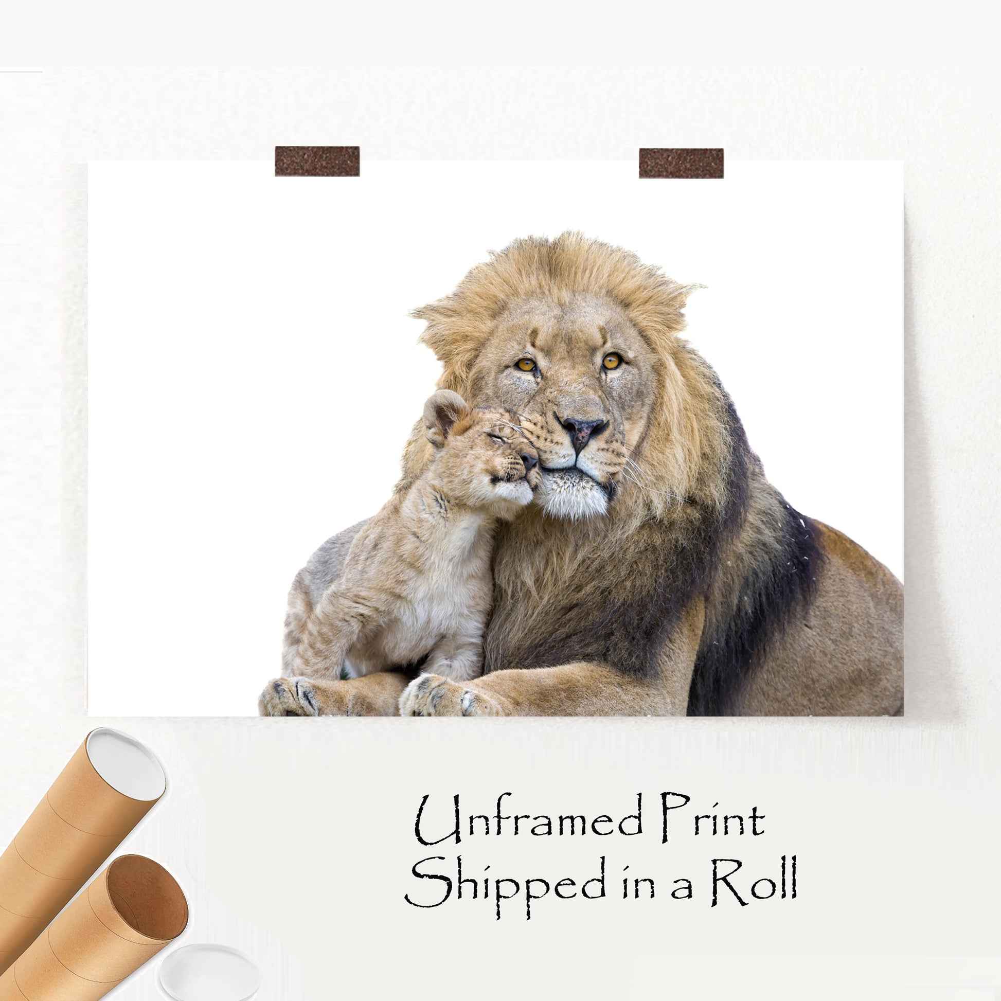 Unframed print with lion and cub.