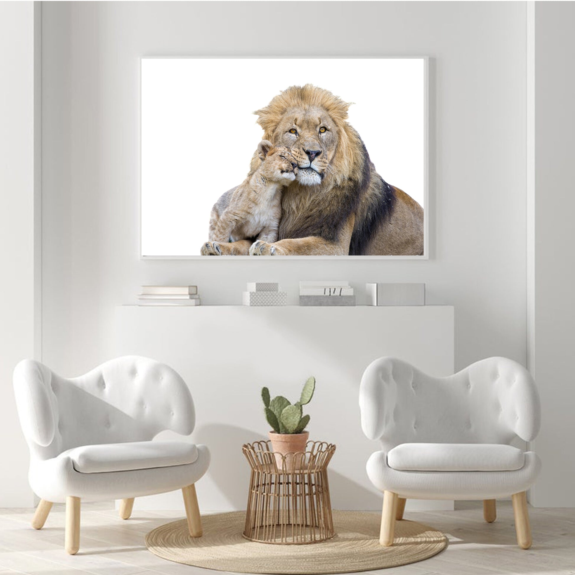 Lion with cub in a light colored living room.