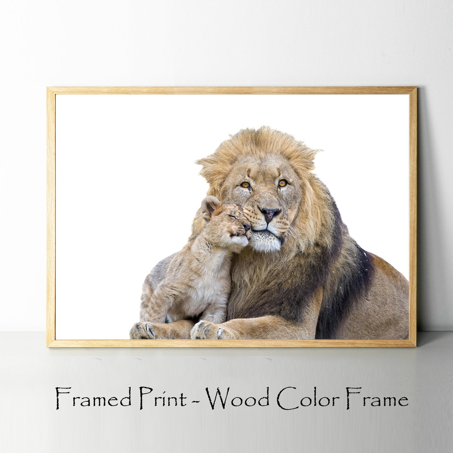 Lion and cub print in wood color frame.