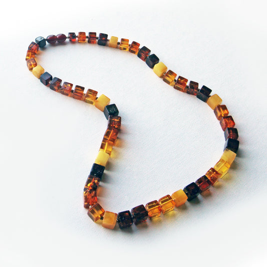Baltic Amber Necklace, Gemstone Necklace, Amber Cubic Beads Necklace, Colorful Amber Stone Beads
