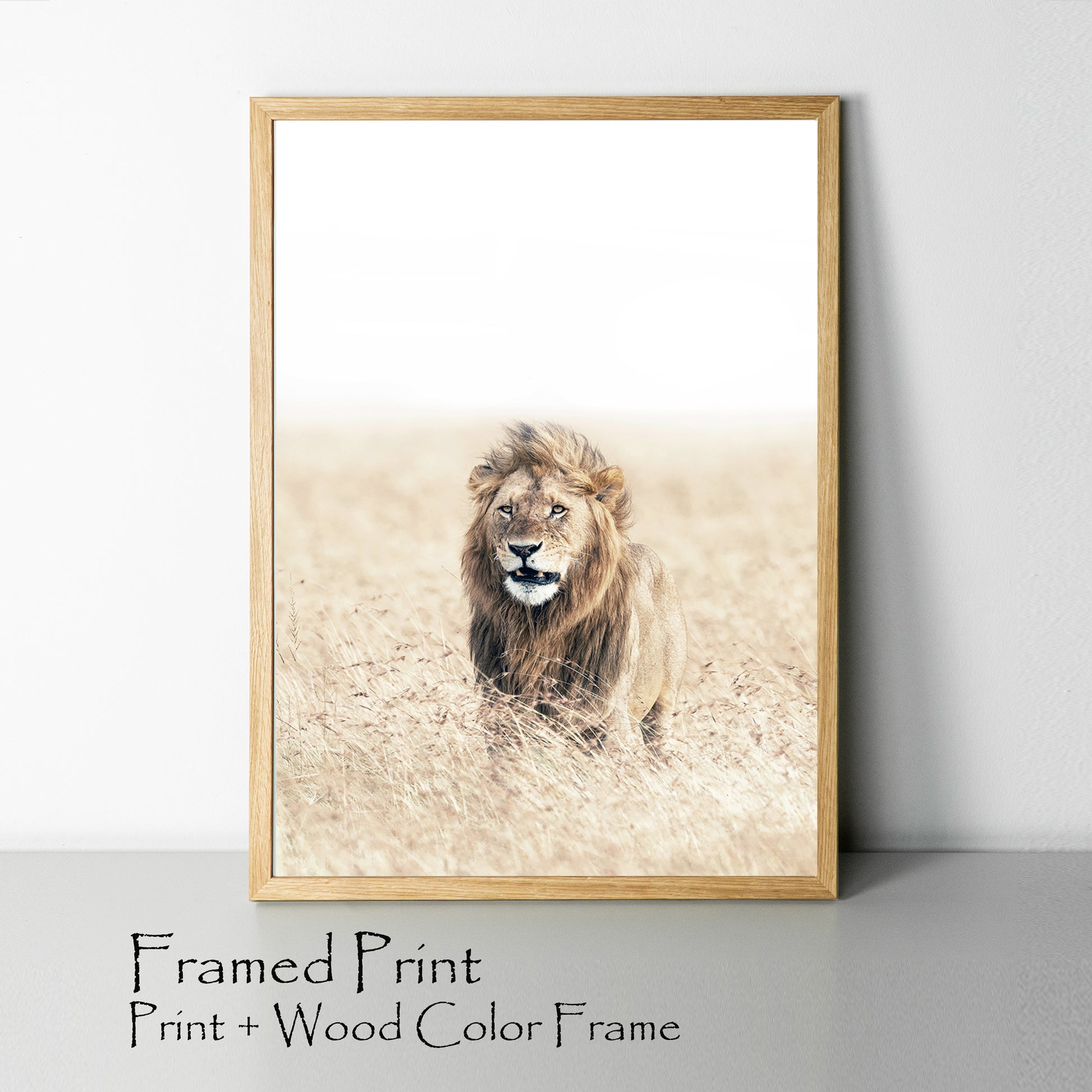 Lion in the grass print in wood color frame