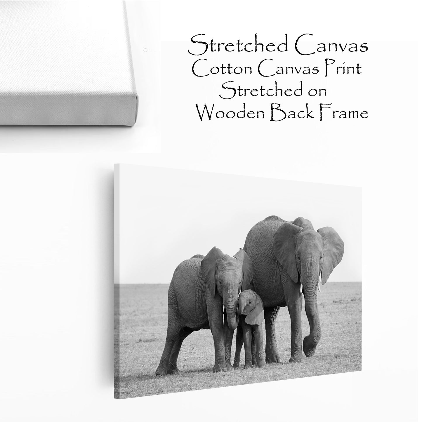 Stretched canvas with elephant family.