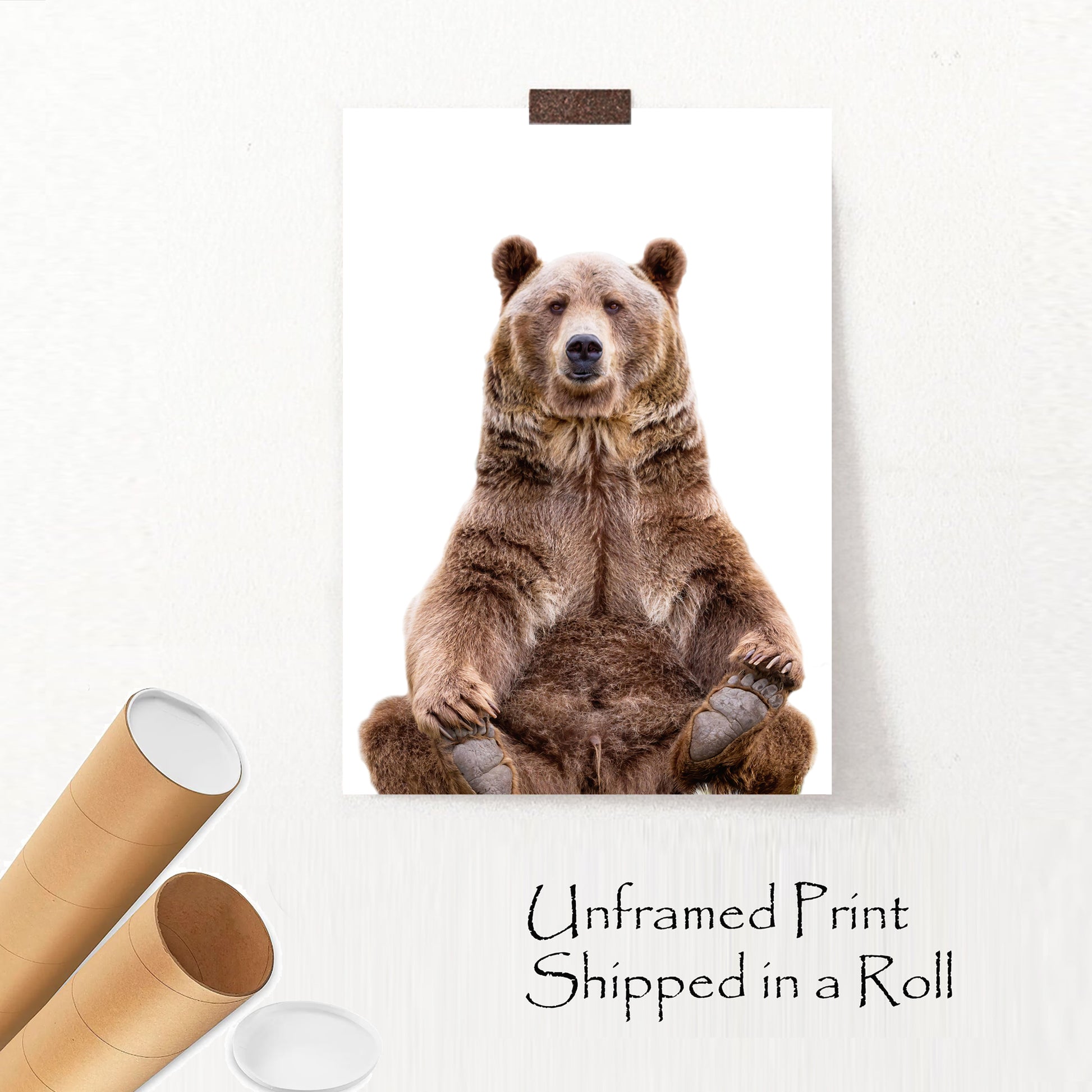 Sitting bear unframed print with postal package.