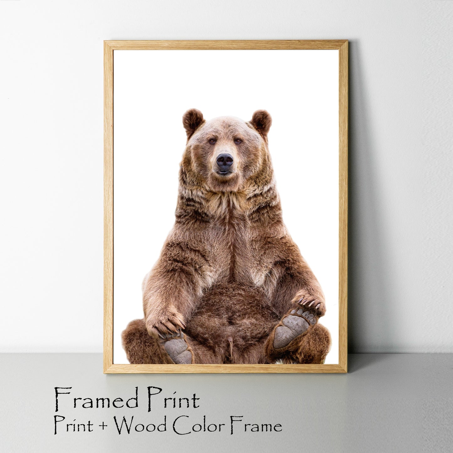 Sitting grizzly bear with wood color frame, sample.