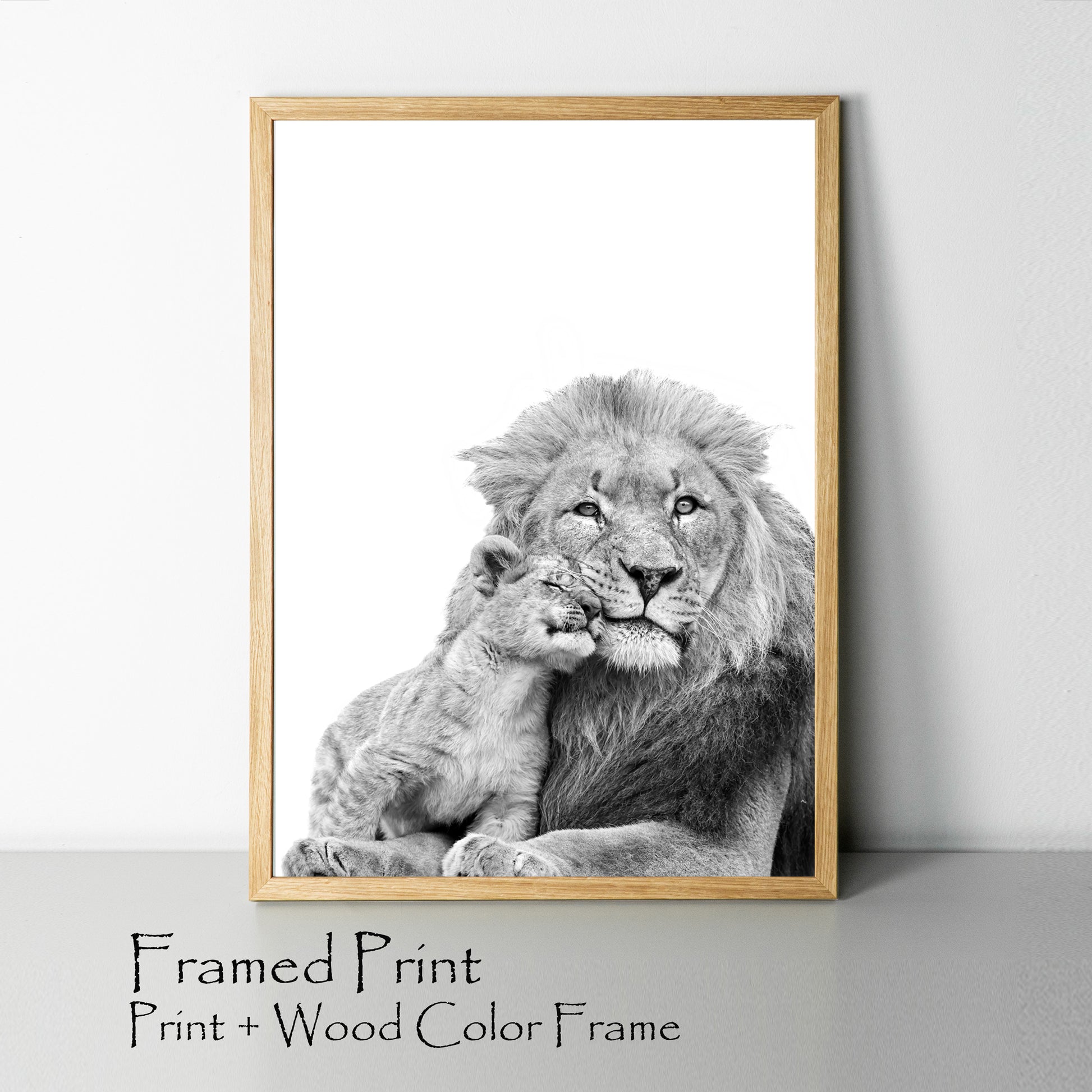 Two lions print in wood color frame.