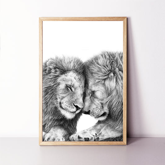 Two lions framed print in black & white.