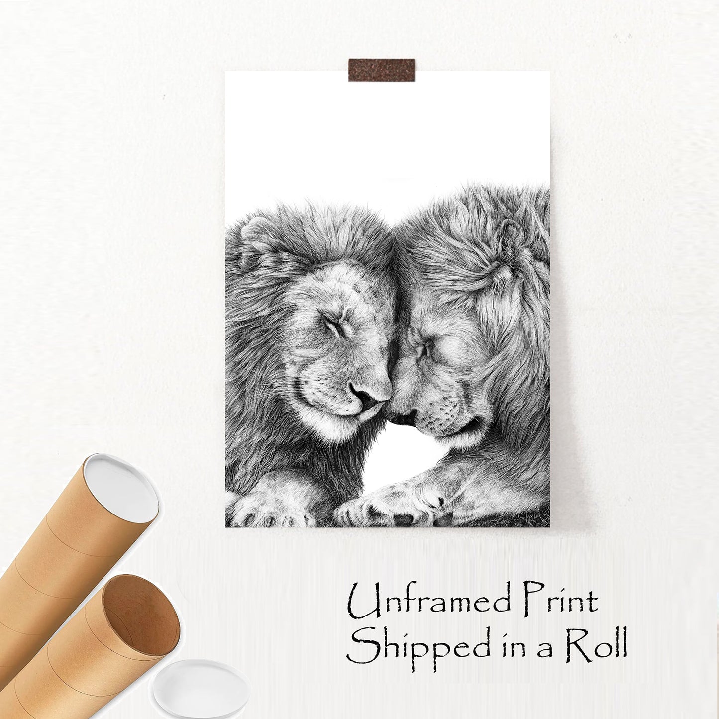 Two lions black white unframed print.