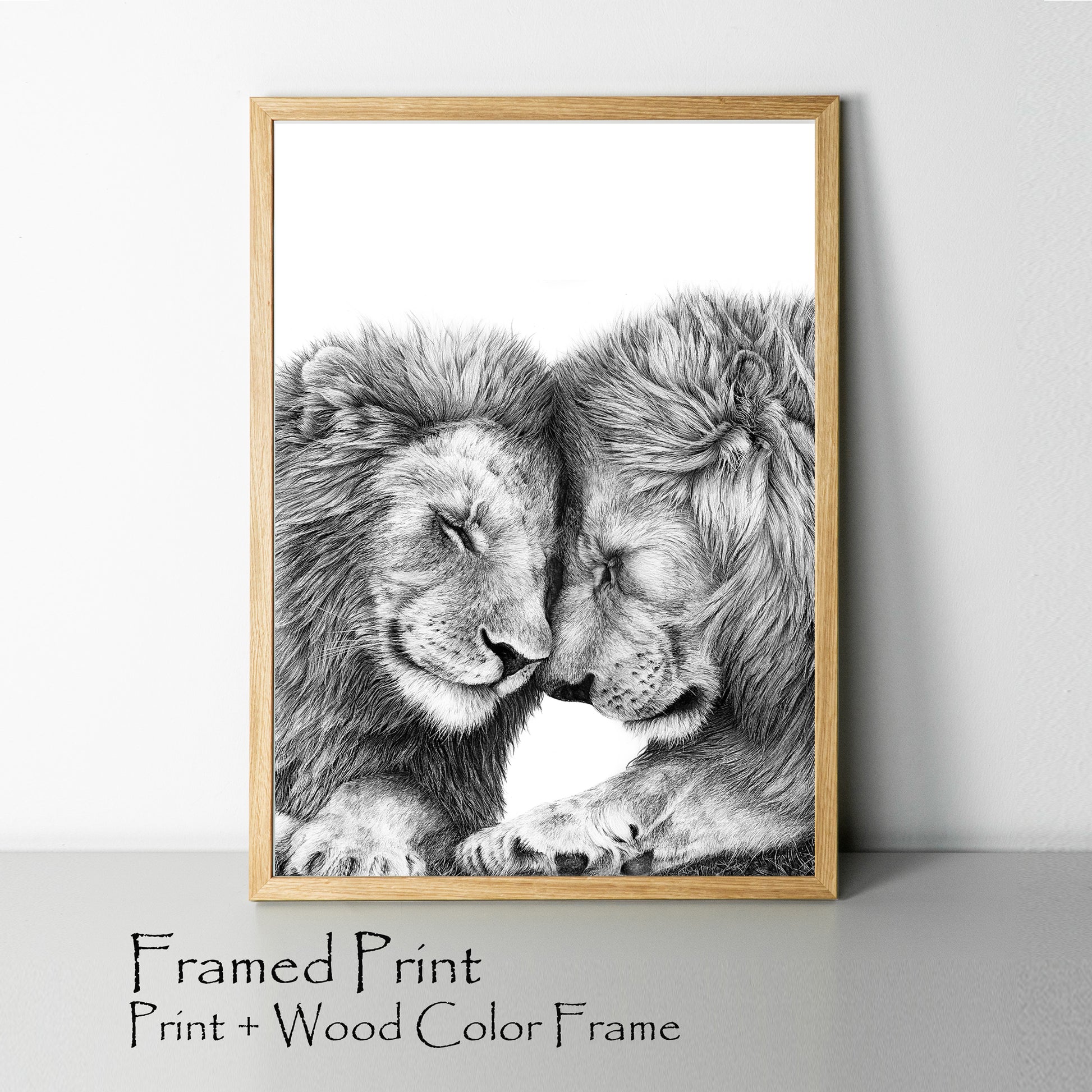 Two lions poster in wood color frame.