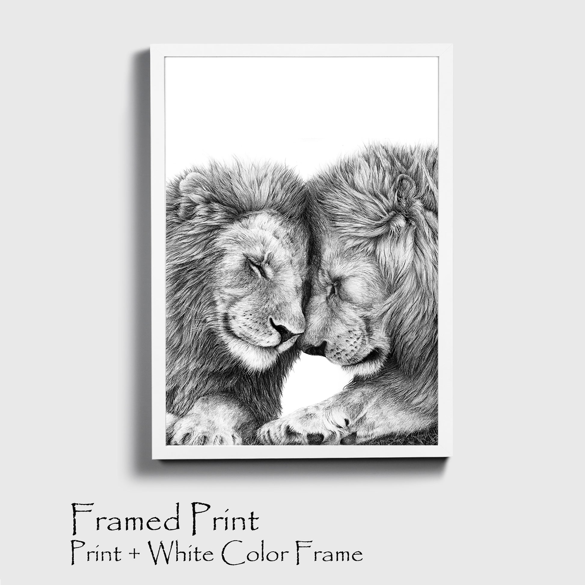 Two lions poster in white color frame.