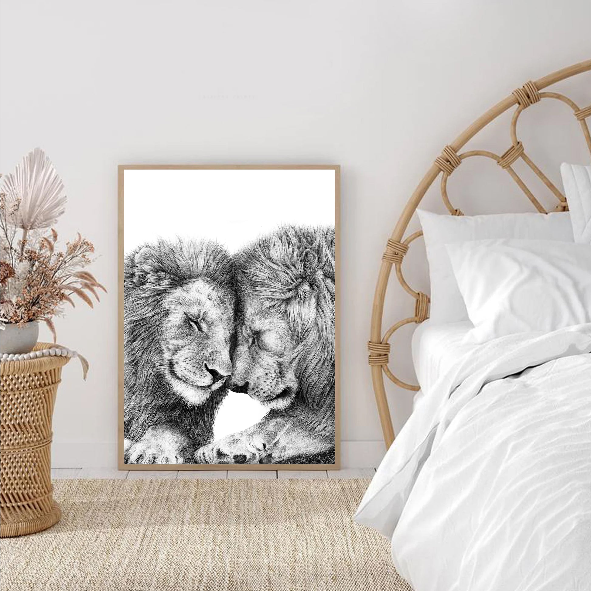 Two lions black white poster in bedroom.