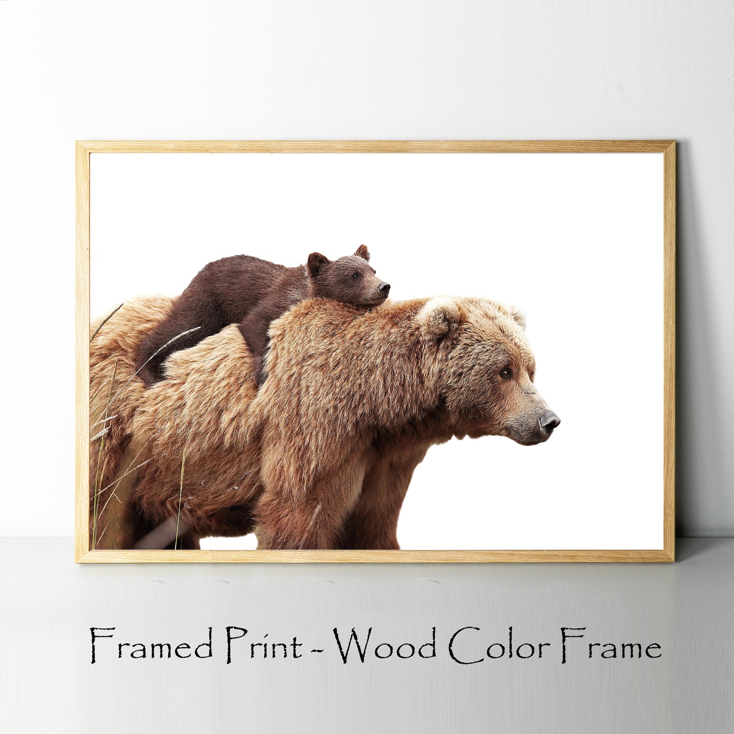 Bear with cub colorful photo in wood color frame.