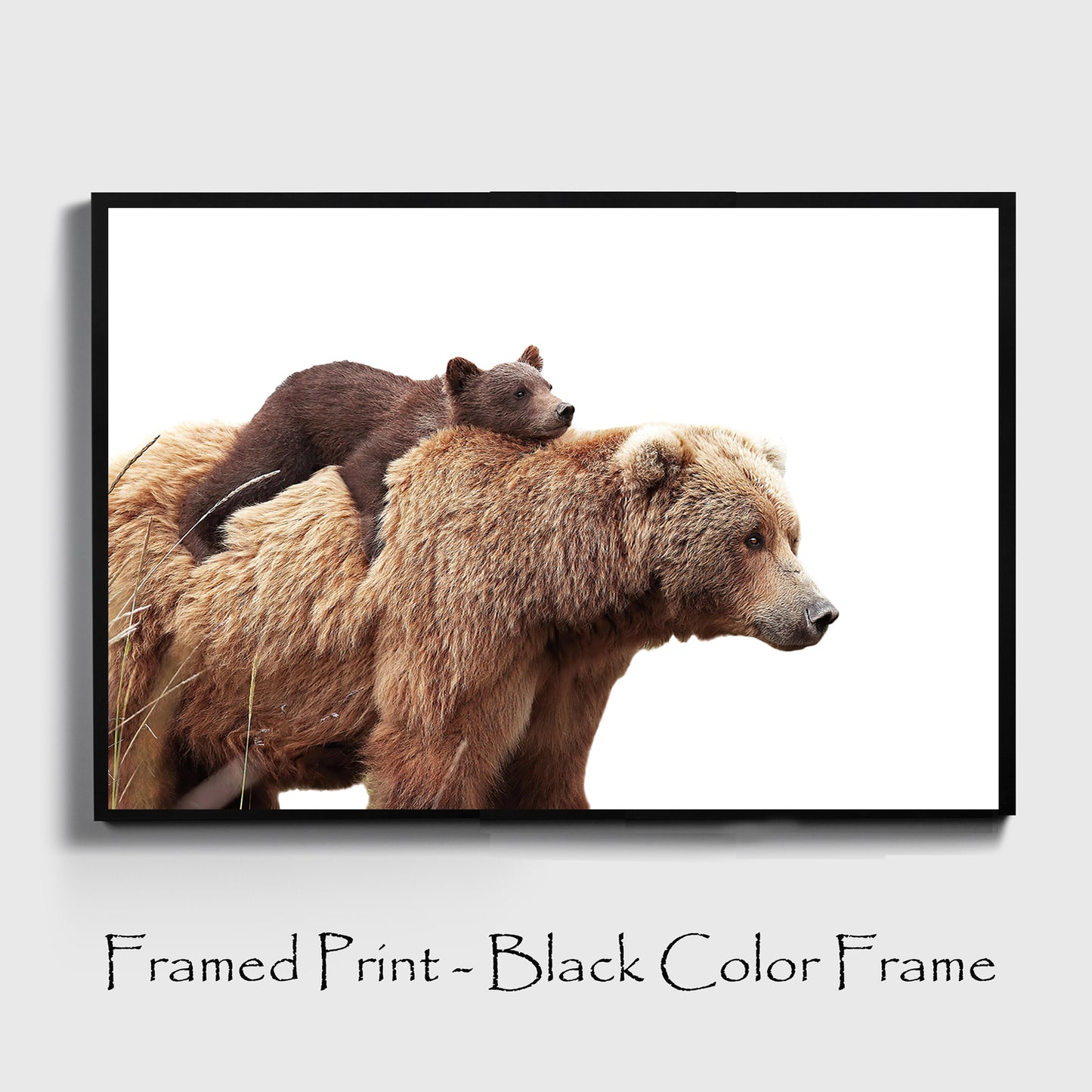 Bear with cub colorful photo in black color frame, sample.