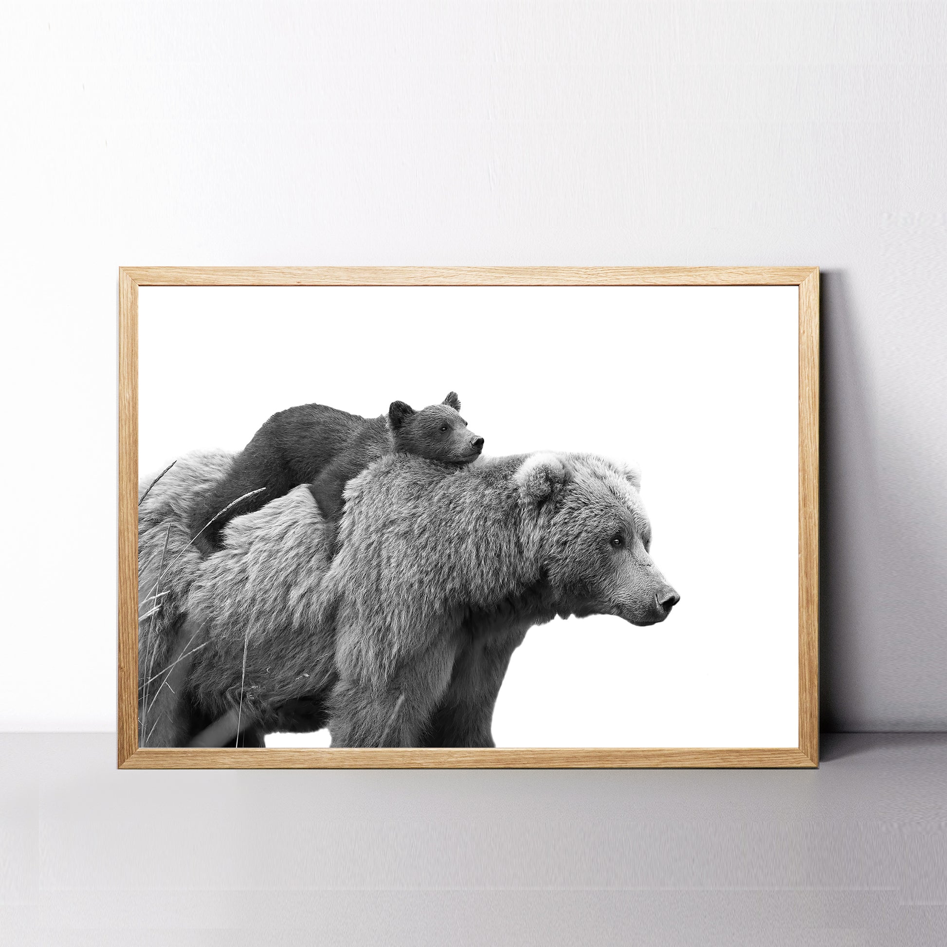 Bear with cub print in black and white.