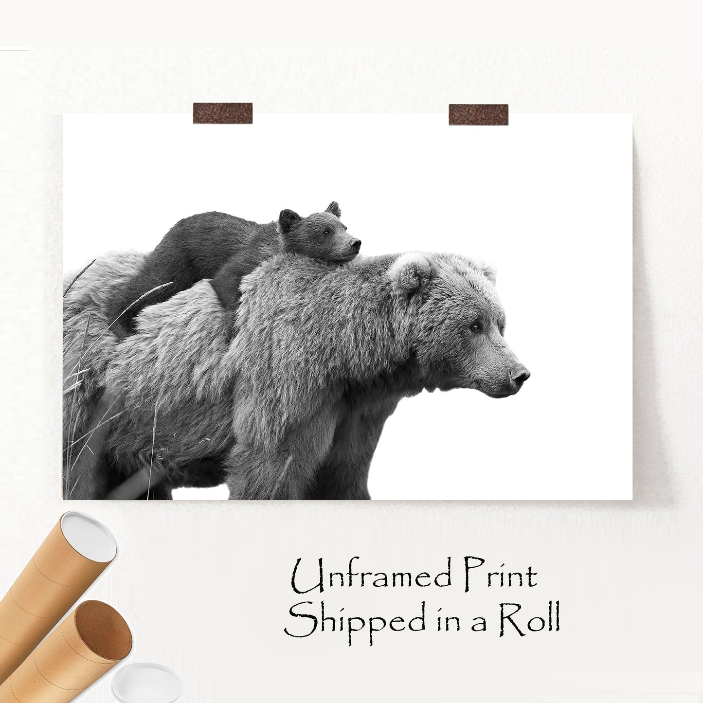 Bear with cub unframed print with postal packaging.