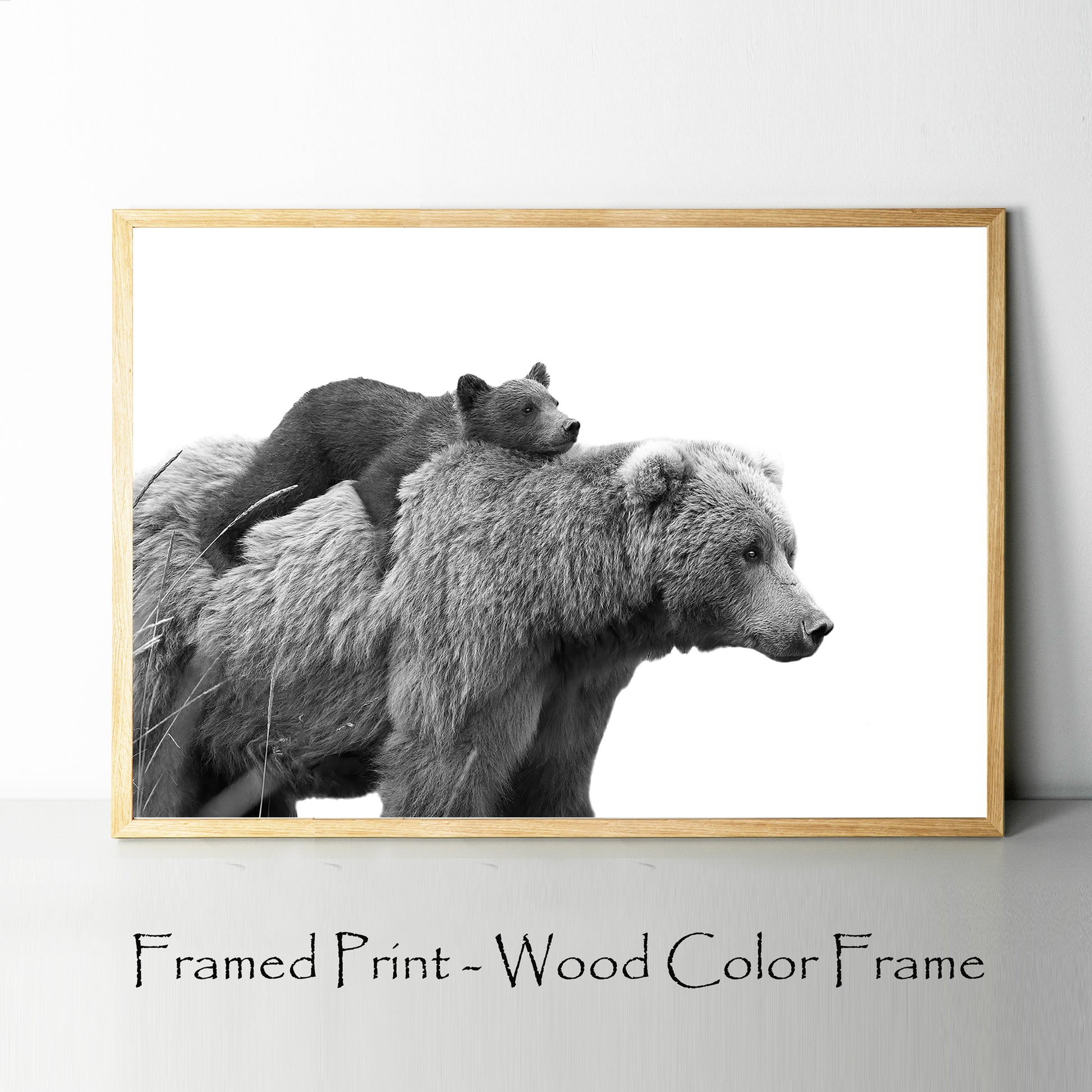 Bear with cub print with wood frame, sample.