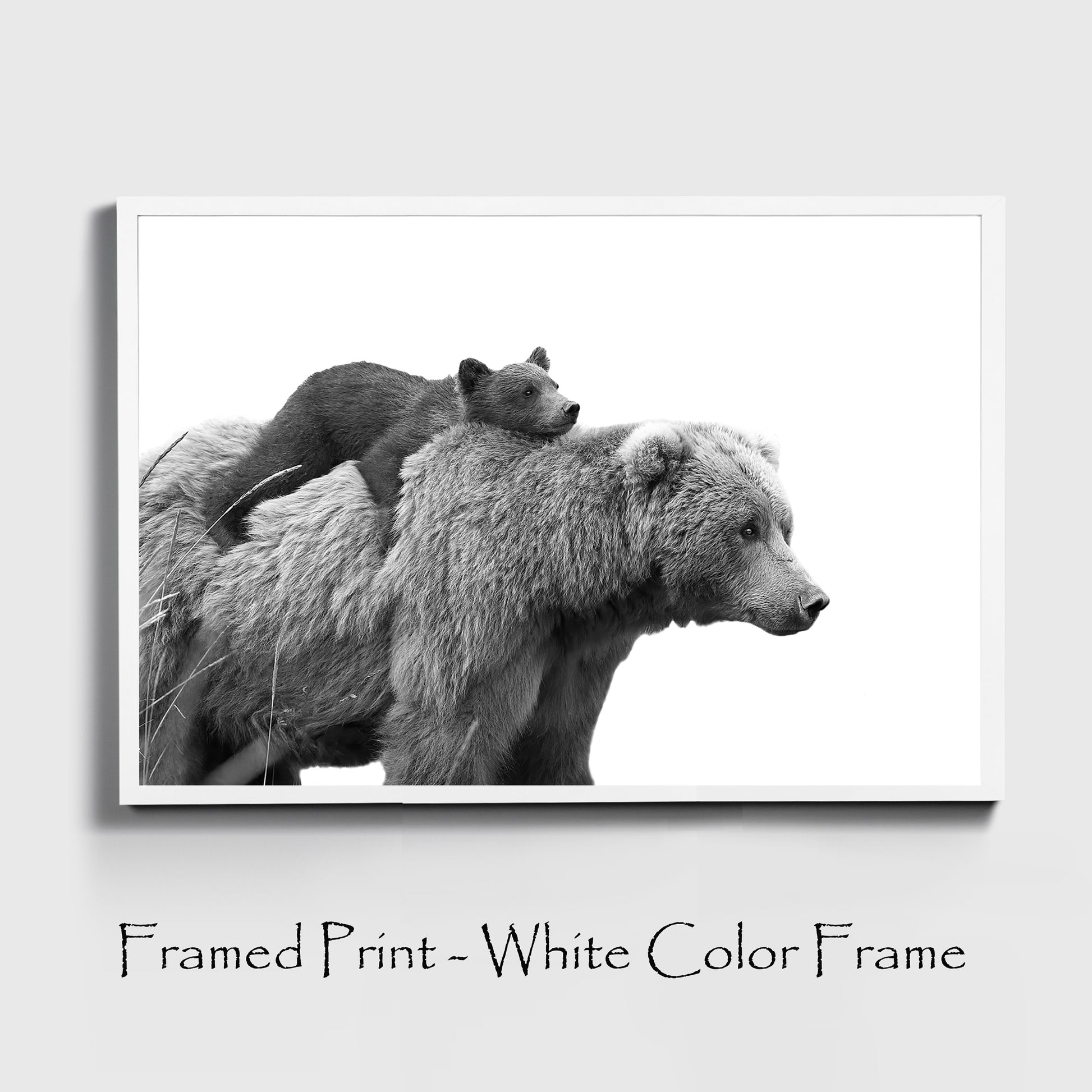 Bear with cub print in white color frame, sample.