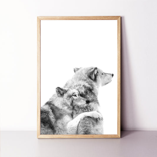 Print with two wolves hugging each other.