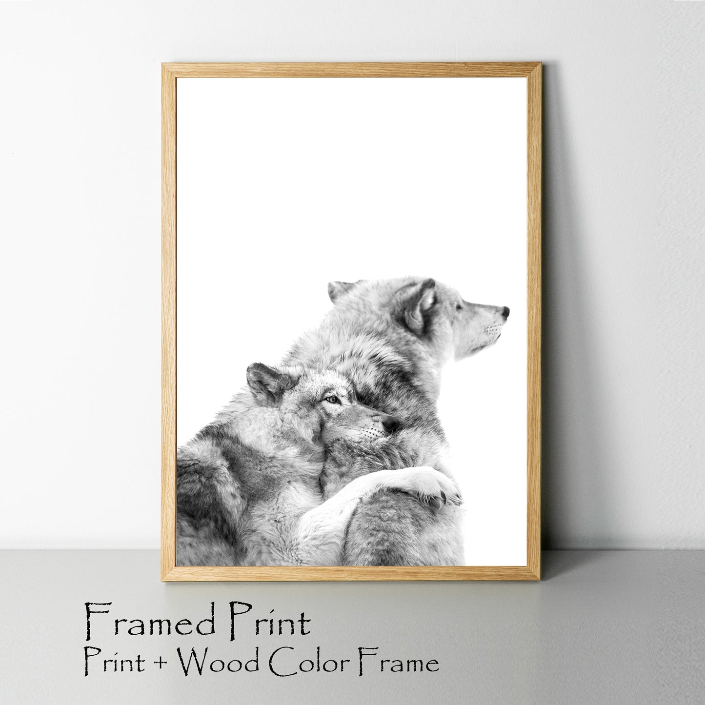 Two wolves print in wood color frame.