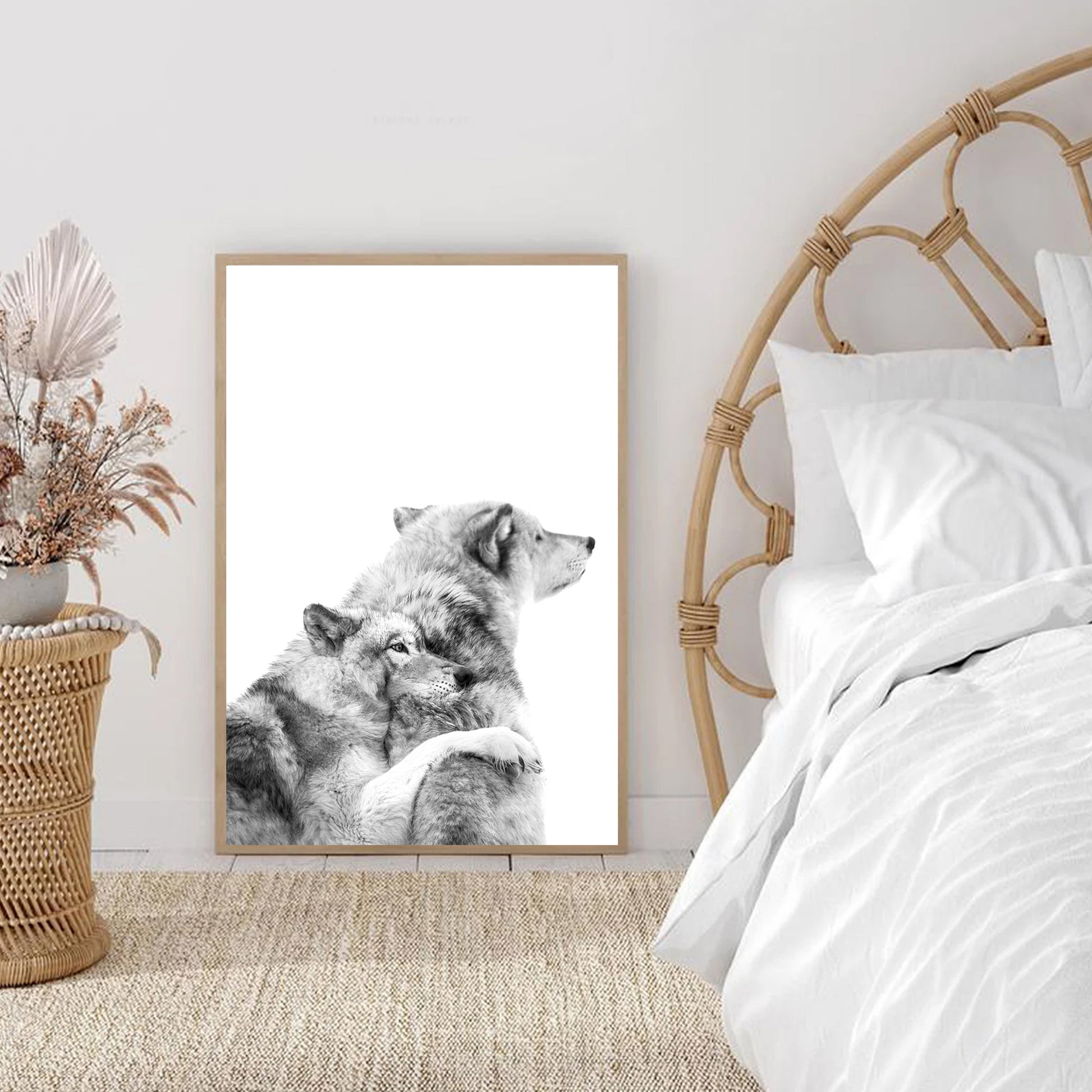 Two wolves print in bedroom.