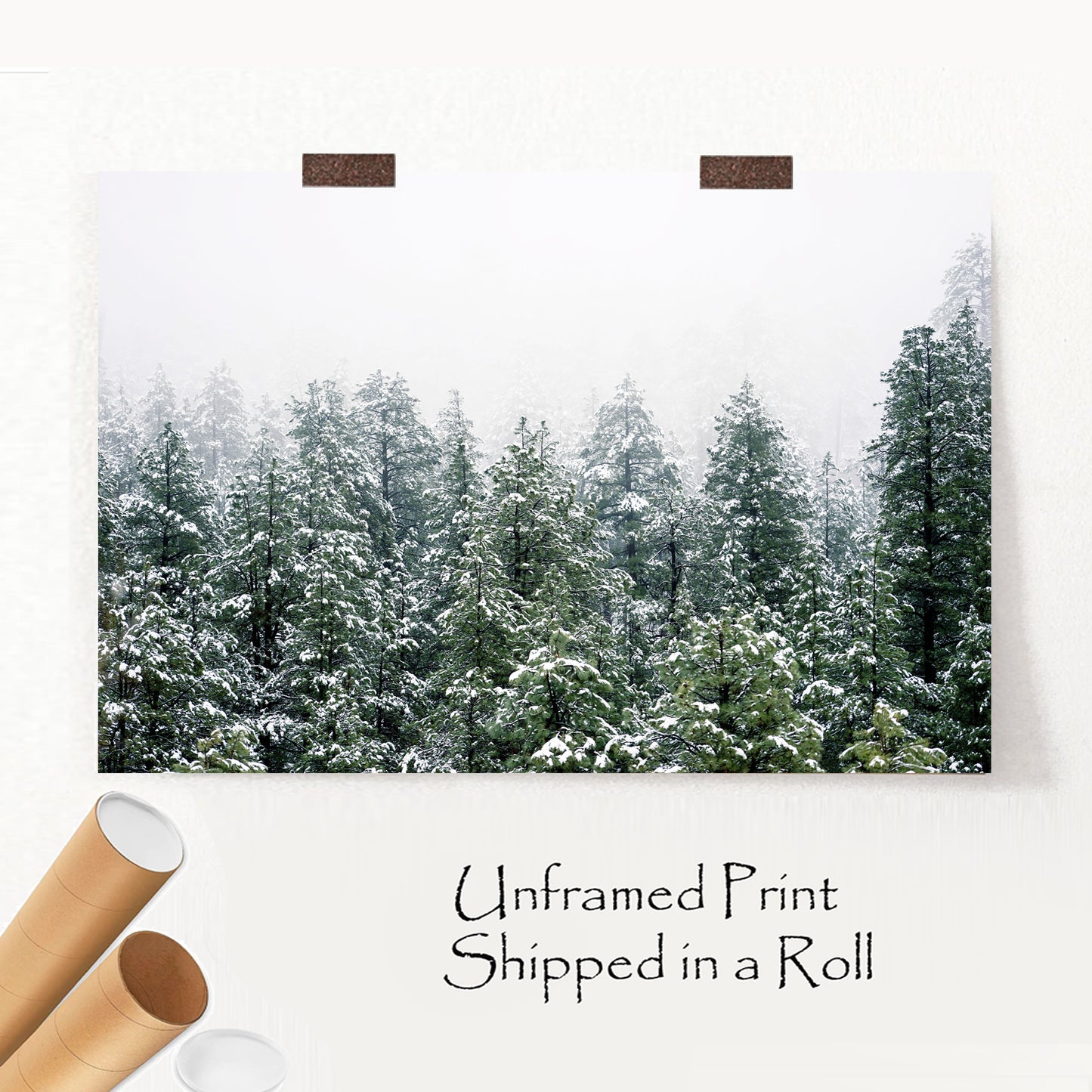 Winter Forest Wall Art | Green Pine Tree Forest with Snow Large Poster