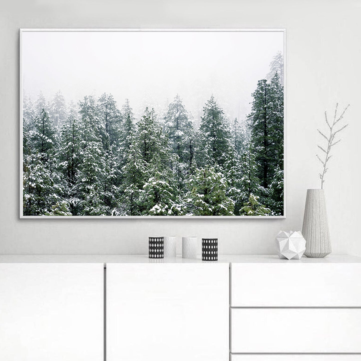Winter Forest Wall Art | Green Pine Tree Forest with Snow Large Poster