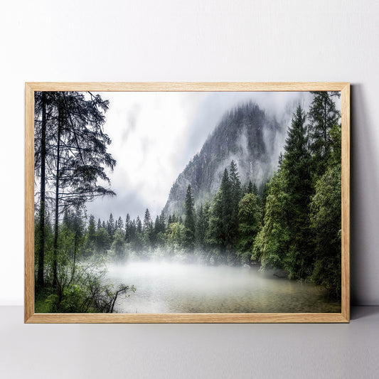 Austria Mountain Lake Wall Art | Pine Tree Forest in the Morning Fog