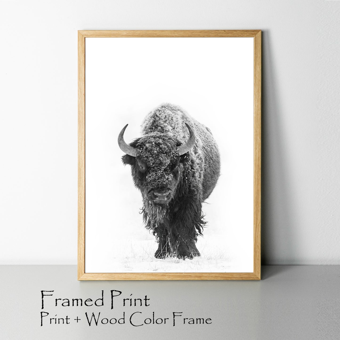 Bison with snow print in wood color frame.