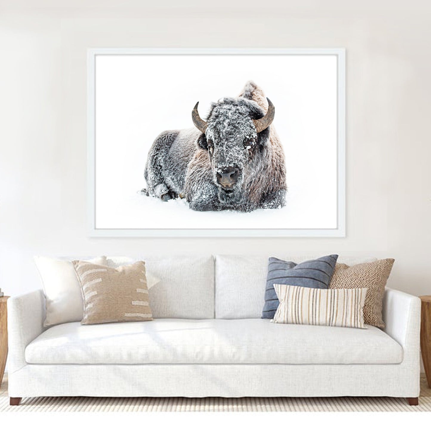 Lying bison large print in living room.