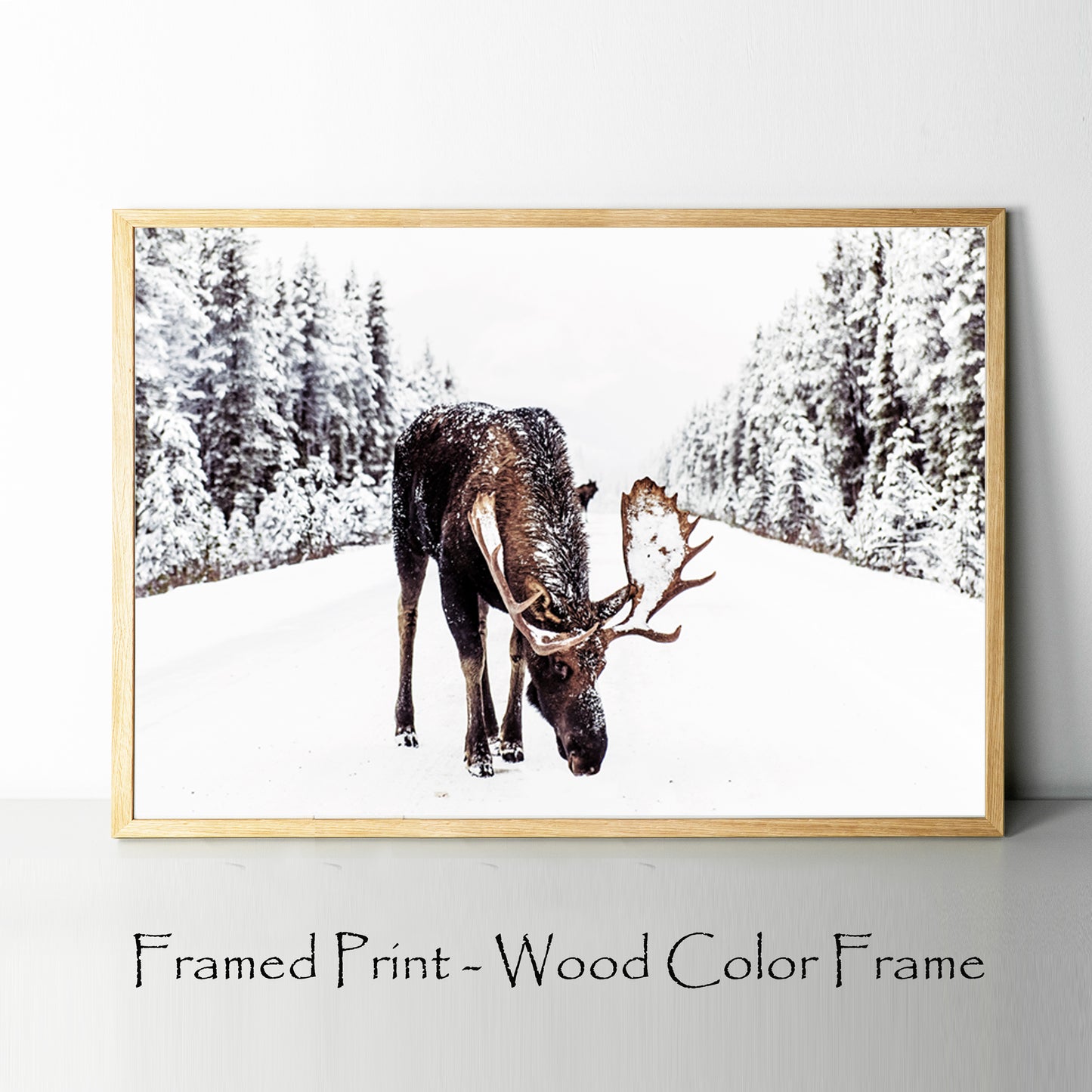 Elk print in wood color frame.